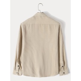 Men's Retro Corduroy Shirt Top Turn-Down Collar Long Sleeve Closure Regular Fit Solid Male Casual Shirt For Daily