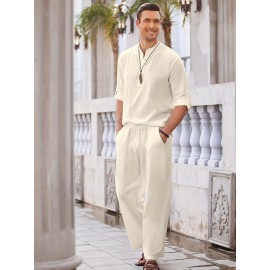 Men's Linen Blend Retro Henley Shirt Long Sleeve T-shirt Tee, Casual Comfy Shirts For Men Spring Summer Autumn, Men's Clothing Tops For Beach Yoga