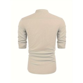 Men's Linen Blend Retro Henley Shirt Long Sleeve T-shirt Tee, Casual Comfy Shirts For Men Spring Summer Autumn, Men's Clothing Tops For Beach Yoga