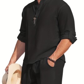 Men's Linen Blend Retro Henley Shirt Long Sleeve T-shirt Tee, Casual Comfy Shirts For Men Spring Summer Autumn, Men's Clothing Tops For Beach Yoga