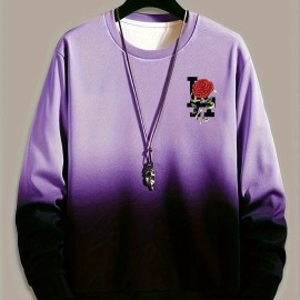 Ombre Trendy Sweatshirt, Men's Casual Retro Rose Graphic Design Slightly Stretch Crew Neck Pullover Sweatshirt For Autumn Winter