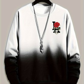 Ombre Trendy Sweatshirt, Men's Casual Retro Rose Graphic Design Slightly Stretch Crew Neck Pullover Sweatshirt For Autumn Winter