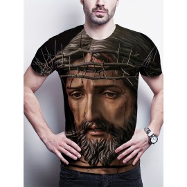 Jesus Print, Men's Graphic Design Crew Neck Active T-shirt, Casual Comfy Tees Tshirts For Summer, Men's Clothing Tops For Daily Gym Workout Running