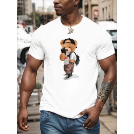 Cartoon Teddy Bear Print, Men's Graphic Design Crew Neck T-shirt, Casual Comfy Tees Tshirts For Summer, Men's Clothing Tops For Daily Vacation Resorts