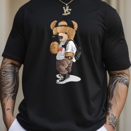 Cartoon Teddy Bear Print, Men's Graphic Design Crew Neck T-shirt, Casual Comfy Tees Tshirts For Summer, Men's Clothing Tops For Daily Vacation Resorts