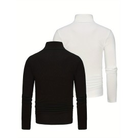 2pcs Men's Stylish Solid Compression Shirt, Active Breathable Turtle Neck Top For Hiking Jogging Cycling Outdoor Fitness Workout