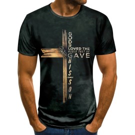 Christian Cross Print, Men's Graphic Design Crew Neck Active T-shirt, Casual Comfy Tees Tshirts For Summer, Men's Clothing Tops For Daily Gym Workout Running, Men's Clothing