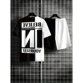 Believe In Yourself Print, Men's 2Pcs Outfits, Casual Crew Neck Short Sleeve T-shirt And Drawstring Shorts Set For Summer, Men's Clothing