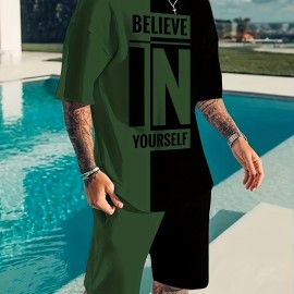 Believe In Yourself Print, Men's 2Pcs Outfits, Casual Crew Neck Short Sleeve T-shirt And Drawstring Shorts Set For Summer, Men's Clothing
