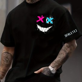 Smile Face Print, Men's Graphic Design Crew Neck T-shirt, Casual Comfy Tees Tshirts For Summer, Men's Clothing Tops For Daily Vacation Resorts