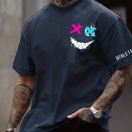 Smile Face Print, Men's Graphic Design Crew Neck T-shirt, Casual Comfy Tees Tshirts For Summer, Men's Clothing Tops For Daily Vacation Resorts