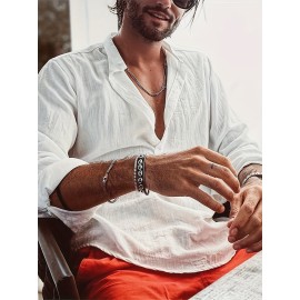 Solid Cotton Men's Long Sleeve Retro Medieval Henley Shirt Casual Beach Tops Festival Party Dress Shirt Solid Tee Shirt V-Neck Tops For Men