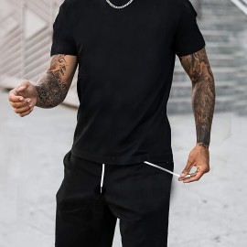 Classic Design Black Solid Top Casual Mid Stretch Short Sleeve Crew Neck Graphic T-shirt, Men's Tee For Summer Outdoor