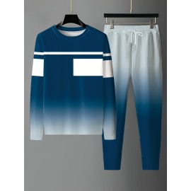 Men's Gradient 2Pcs Outfits, Casual Long Sleeve Pullover Hooded Sweatshirt And Sweatpants Joggers Set For Spring Fall, Men's Clothing