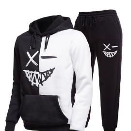 Creative Pattern Print, Men's 2Pcs Outfits, Casual Hoodies Long Sleeve Hooded Sweatshirt And Sweatpants Joggers Set For Spring Fall, Men's Clothing