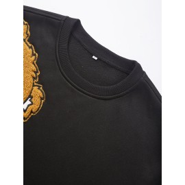 Men's Cartoon Bear Embroidery Crew Neck Sweatshirt, Loose Fit Sports Tops