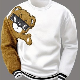 Men's Cartoon Bear Embroidery Crew Neck Sweatshirt, Loose Fit Sports Tops