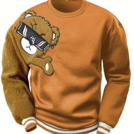 Men's Cartoon Bear Embroidery Crew Neck Sweatshirt, Loose Fit Sports Tops