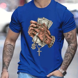 Hands Money Print, Men's T-shirt, Round Neck Short Sleeve Tops, Patterned T-shirt, Men's Summer Wear, Men's Clothing