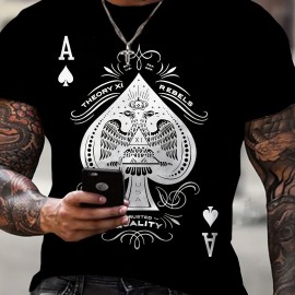 Spade A Print, Men's Graphic Design Crew Neck Active T-shirt, Casual Comfy Tees For Summer, Men's Clothing Tops For Daily Gym Workout Running