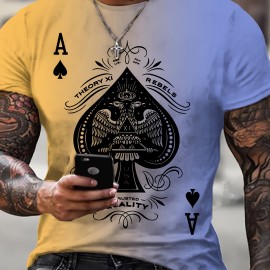 Spade A Print, Men's Graphic Design Crew Neck Active T-shirt, Casual Comfy Tees For Summer, Men's Clothing Tops For Daily Gym Workout Running