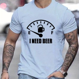 'I Need Beer' Pattern Print Men's Comfy T-shirt, Graphic Tee Men's Summer Outdoor Clothes, Men's Clothing, Tops For Men