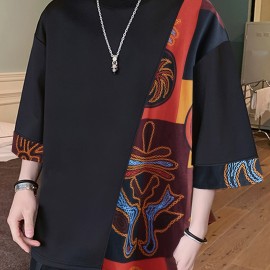 Men Loose T-Shirt Patchwork Round Neck Tee Streetwear Vintage Tops