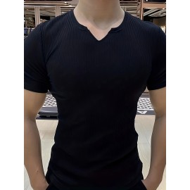 Men's Stylish Solid Shirt, Casual Breathable V Neck Short Sleeve Tee Top For City Walk Street Hanging Outdoor Activities