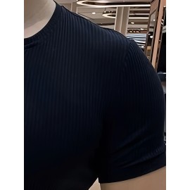 Men's Stylish Solid Shirt, Casual Breathable V Neck Short Sleeve Tee Top For City Walk Street Hanging Outdoor Activities