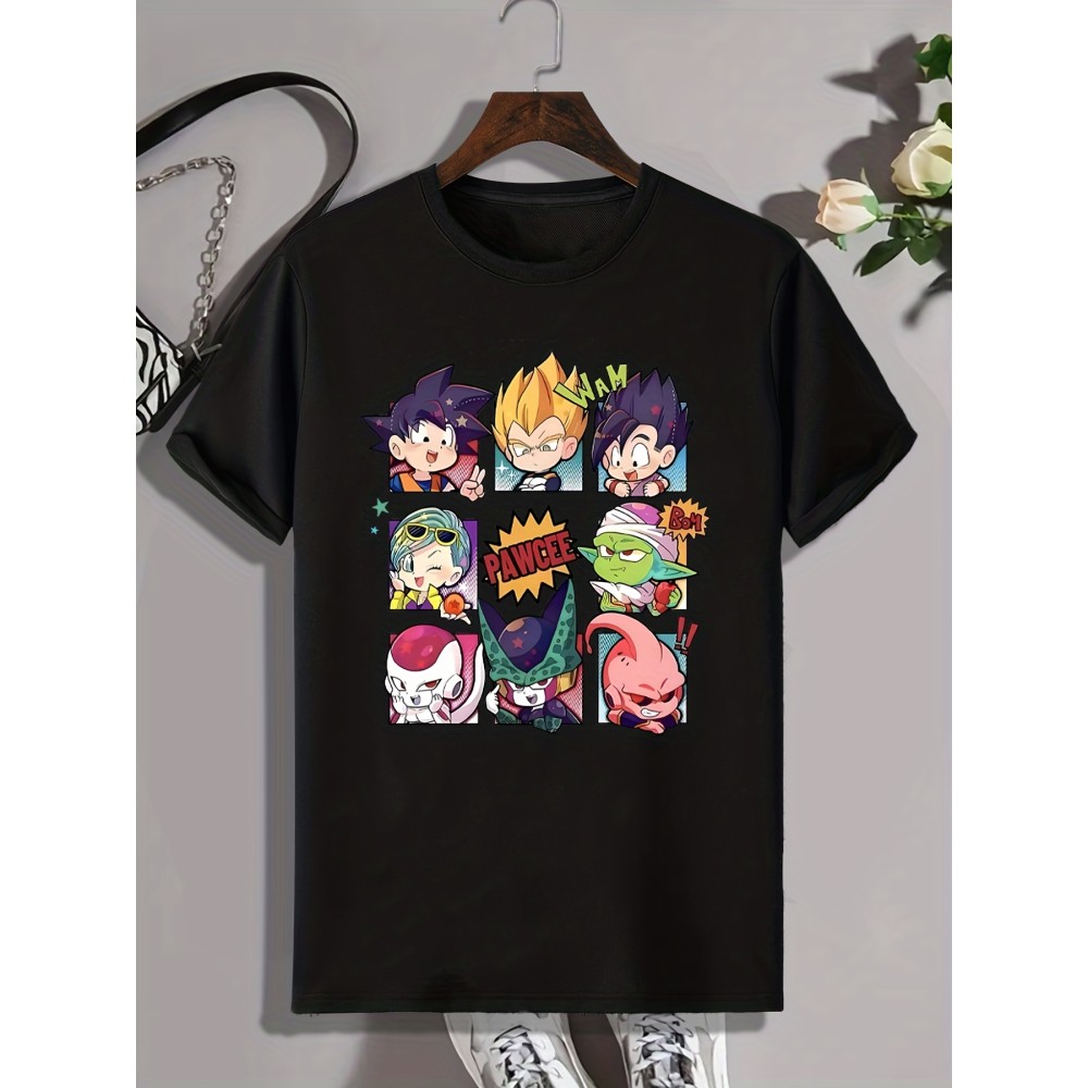 Cartoon Anime Characters Print, Men's Graphic Design Crew Neck T-shirt, Casual Comfy Tees Tshirts For Summer, Men's Clothing Tops For Daily Vacation Resorts
