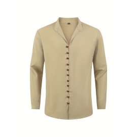 Vintage Men's Casual Loose Long Sleeve Shirt With Stand Collar, Spring Fall Outdoor