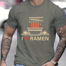 Ramen Lover Pattern Print Men's Comfy Slightly Stretch T-shirt, Graphic Tee Men's Summer Clothes, Men's Casual Outfits For Sports Fitness
