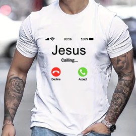JESUS CALLING Creative Pattern Men's T-shirt For Summer Outdoor, Men's Trendy Crew Neck Tops