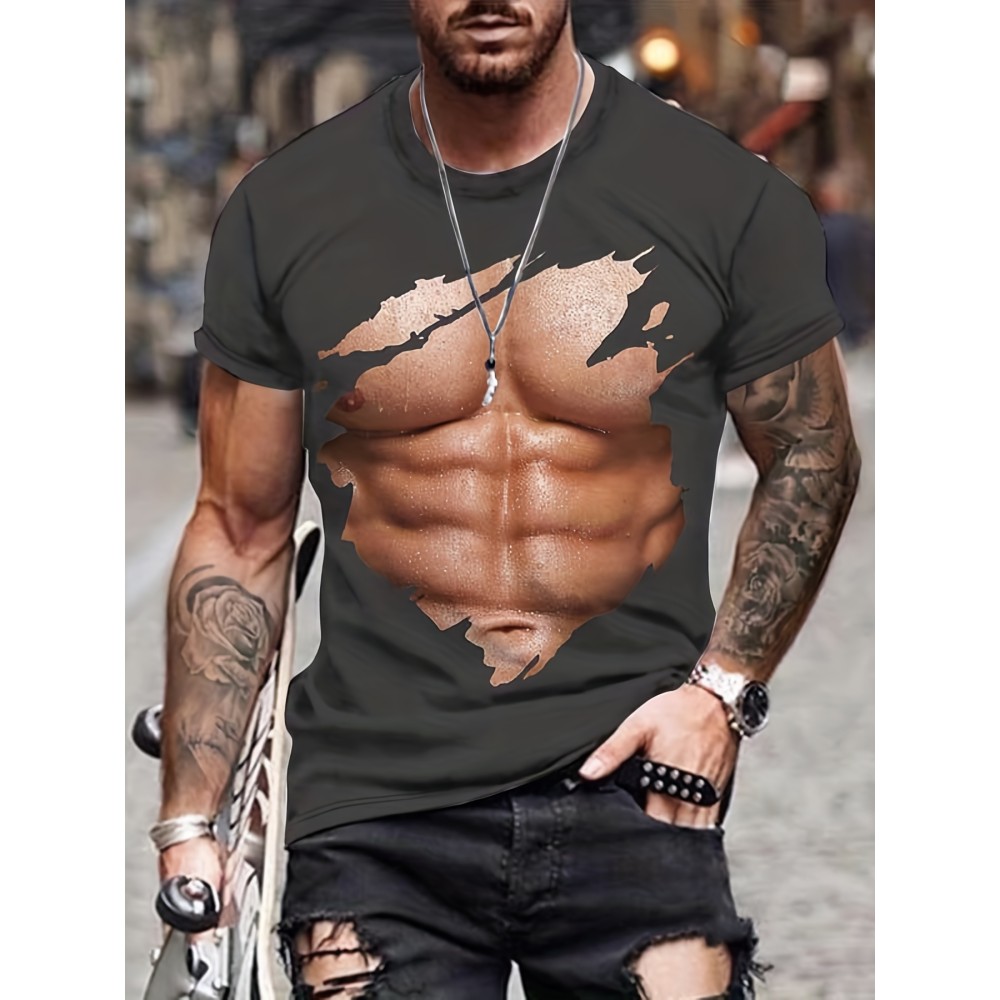 Sexy Muscle 3D Digital Pattern Print Men's Graphic T-shirts, Causal Comfy Tees, Short Sleeves Comfortable Pullover Tops, Men's Summer Clothing