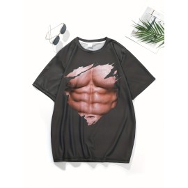 Sexy Muscle 3D Digital Pattern Print Men's Graphic T-shirts, Causal Comfy Tees, Short Sleeves Comfortable Pullover Tops, Men's Summer Clothing