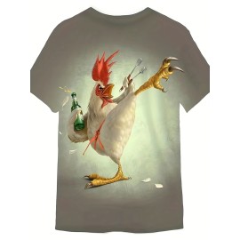 Kung Fu Rooster Pattern 3d PrintT-shirt, Men's Casual Slightly Stretch Round Neck T-shirt For Spring Summer