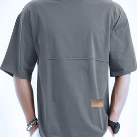 Men's Solid Creative Loose Top, Casual Slightly Stretch Short Sleeve Crew Neck Running Fitness Sports T-shirt, Men's Clothes For Summer Outdoor