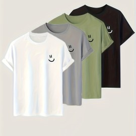 4pieces Men's Stylish Smiling Face Pattern Shirt, Casual Slightly Stretch Breathable Crew Neck Short Sleeve Tee Top For City Walk Street Hanging Outdoor Activities