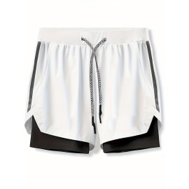 2-in-1 Double Layer Shorts With Inner Zipper Pocket, Men's High Stretch Sports Shorts For Summer Gym Workout Training