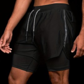 2-in-1 Double Layer Shorts With Inner Zipper Pocket, Men's High Stretch Sports Shorts For Summer Gym Workout Training