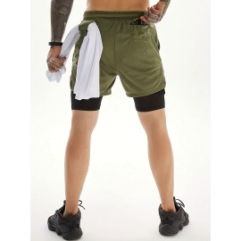 2-in-1 Double Layer Shorts With Inner Pocket, Men's Mid Stretch Sports Shorts For Summer Gym Workout Training