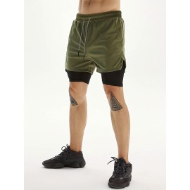 2-in-1 Double Layer Shorts With Inner Pocket, Men's Mid Stretch Sports Shorts For Summer Gym Workout Training