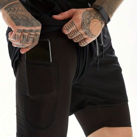 2-in-1 Double Layer Shorts With Inner Pocket, Men's Mid Stretch Sports Shorts For Summer Gym Workout Training