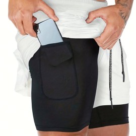 2-in-1 Double Layer Shorts With Inner Pocket, Men's Mid Stretch Sports Shorts For Summer Gym Workout Training