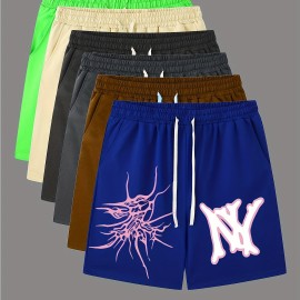 Graphic Pattern Comfy Shorts, Men's Casual Slightly Stretch Elastic Waist Drawstring Shorts For Summer Basketball Beach Resort