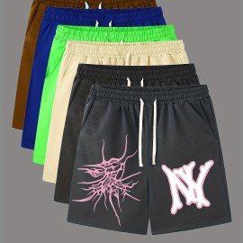 Graphic Pattern Comfy Shorts, Men's Casual Slightly Stretch Elastic Waist Drawstring Shorts For Summer Basketball Beach Resort
