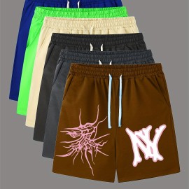 Graphic Pattern Comfy Shorts, Men's Casual Slightly Stretch Elastic Waist Drawstring Shorts For Summer Basketball Beach Resort