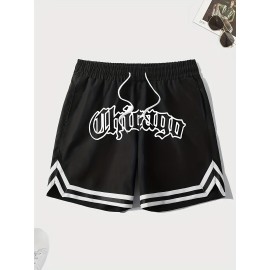 Letter Print Chevron Quick Drying Comfy Shorts, Men's Casual Waist Drawstring Shorts For Summer Gym Workout Training