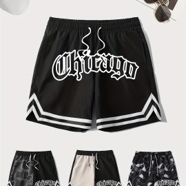 Letter Print Chevron Quick Drying Comfy Shorts, Men's Casual Waist Drawstring Shorts For Summer Gym Workout Training