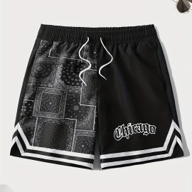Letter Print Chevron Quick Drying Comfy Shorts, Men's Casual Waist Drawstring Shorts For Summer Gym Workout Training